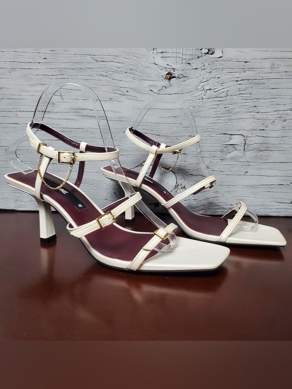 Zara Strappy Leather High-Heel Sandals with Buckle, 40 (US 9), Ecru Off White